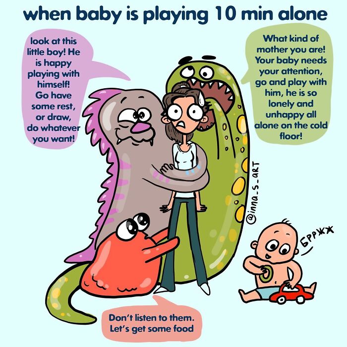 Cartoon showing the chaos of parenthood with a baby playing alone and confused parents capturing parenthood's chaotic moments.