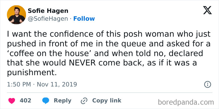 Tweet describing entitlement when a woman demands a free coffee and leaves after refusal, showing entitlement moments.