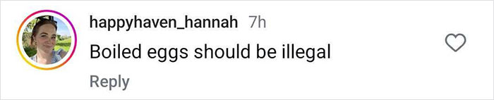 Instagram comment by user happyhaven_hannah stating boiled eggs should be illegal in a casual tone. Instagram comment by user happyhaven_hannah stating boiled eggs should be illegal in a casual tone.