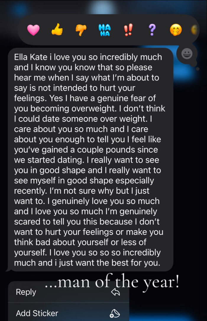 Screenshot of a text message revealing unhinged feelings, showcasing men of the year moments shared by women online.