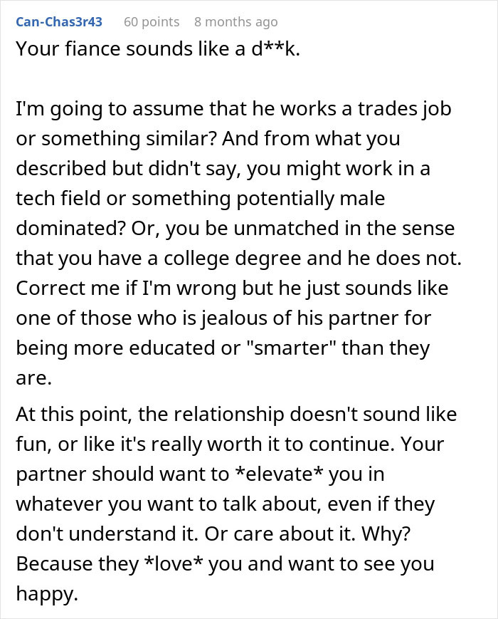 Comment discussing a woman facing loneliness as her fianc&eacute; starts banning conversation topics, highlighting relationship struggles.