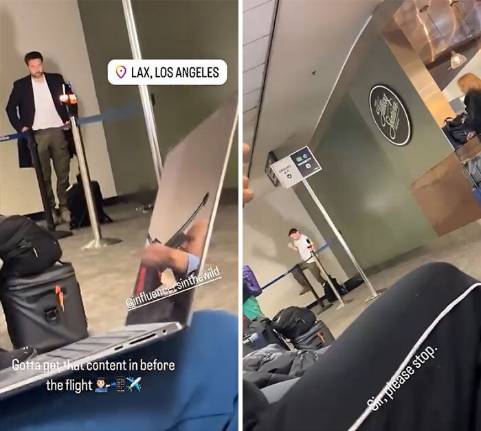 Influencer filming content at LAX airport before a flight, showcasing unhinged behavior for views and attention.