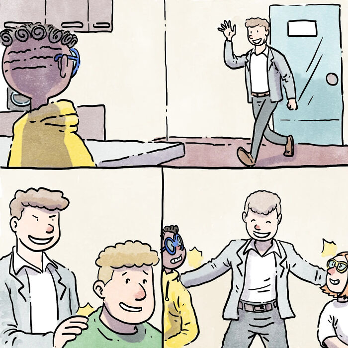 Wordless comic panels depicting heartfelt moments of life with a dog and a cat in a cozy home setting.