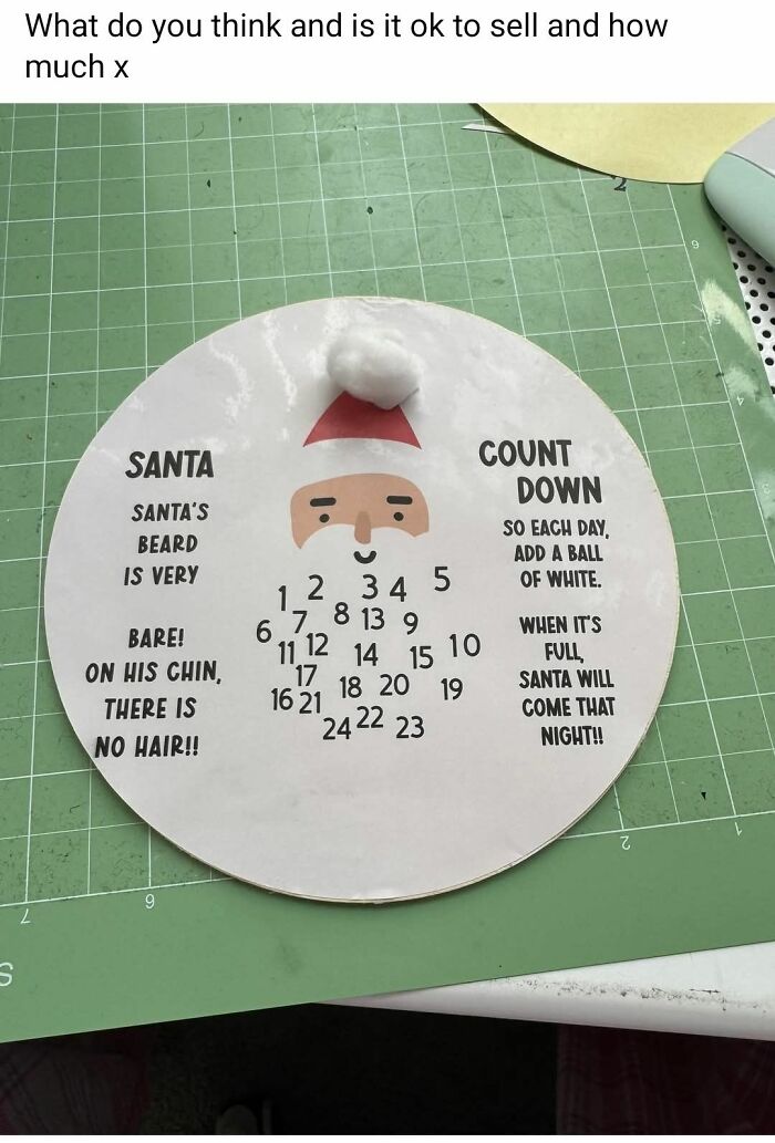Round Santa countdown craft with numbers and cotton ball for beard, an example of horrendous DIY projects to be craft shamed.