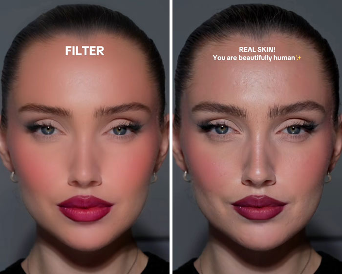 Side-by-side comparison of a woman’s face with filters versus without filters showing natural skin texture and beauty.