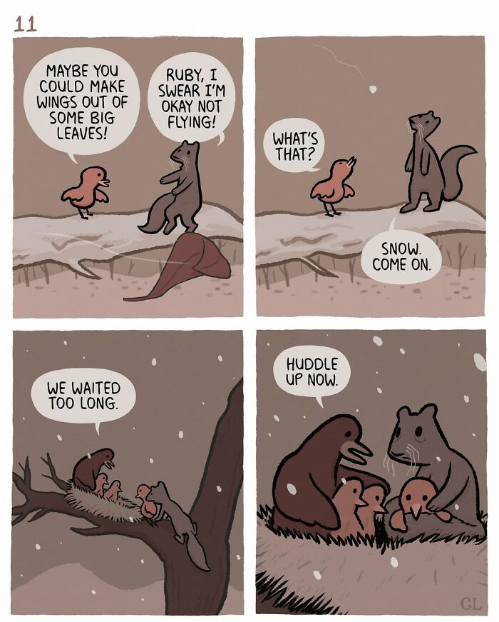 Ruby and Mo comic panels showing animals discussing snow, love, loss, and healing during winter in a touching scene.