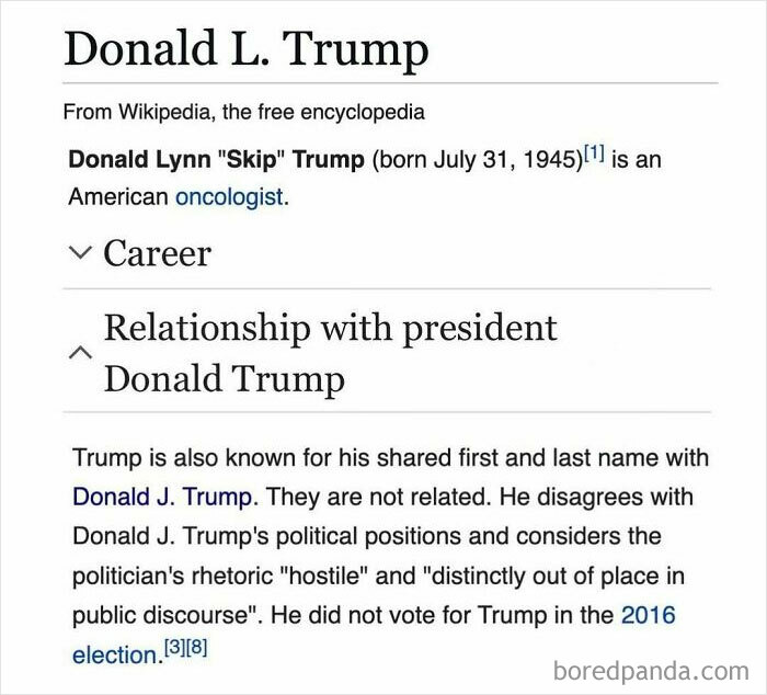 Wikipedia snippet showing a funny and interesting random article about Donald L. Trump’s career and relationship details.