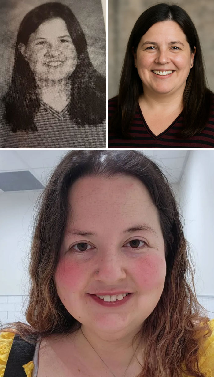 Side-by-side comparison of childhood photos aged up using ChatGPT prediction versus real adult photos of a smiling woman
