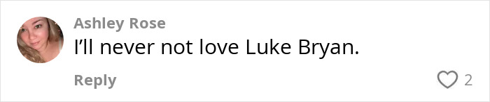 Comment from Ashley Rose expressing love for Luke Bryan, related to country star forgetting words mid-concert.