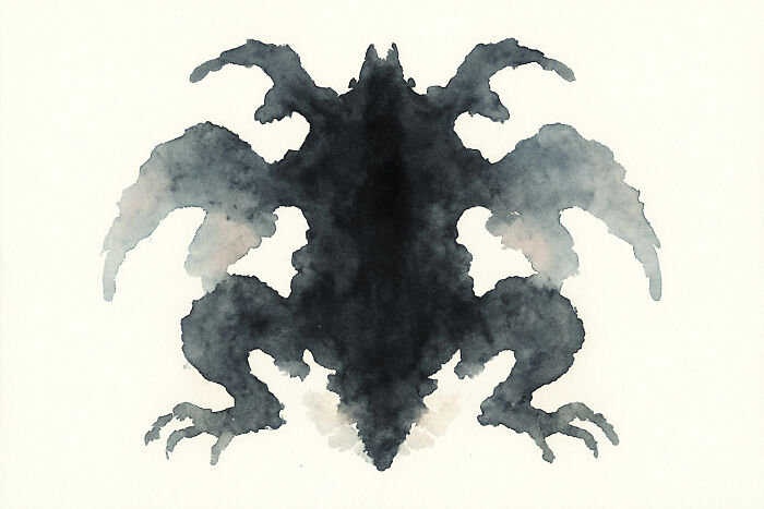 Black Rorschach inkblot shaped like a symmetrical creature with wings and claws on a white background.