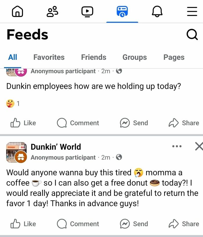 Social media post showing entitled single mom asking for free coffee and donut at Dunkin, highlighting demand without payment.