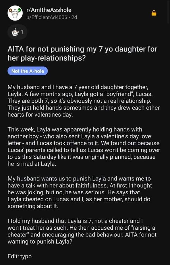 Reddit post discussing a parent's dilemma about punishing a child for innocent play-relationships, highlighting exhausting relationship challenges.