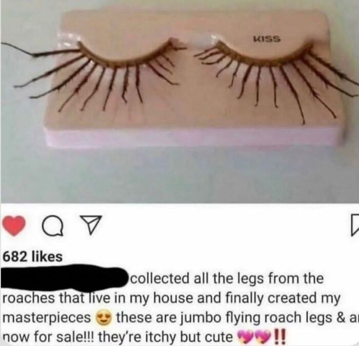 False eyelashes made with roach legs shown as an example of horrible crafts shamed by netizens online.