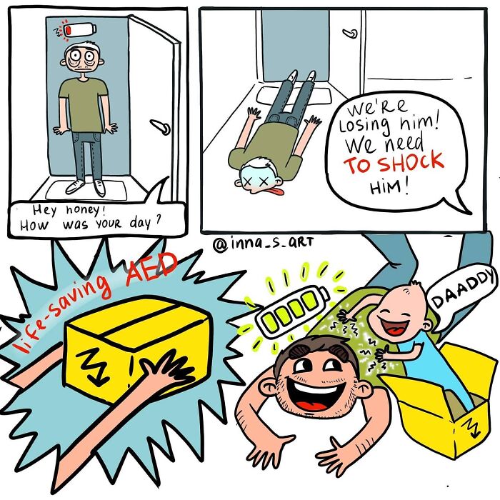 Comic by viral mom artist showing chaotic parenthood moments with a tired dad revived by playful child and life-saving AED.