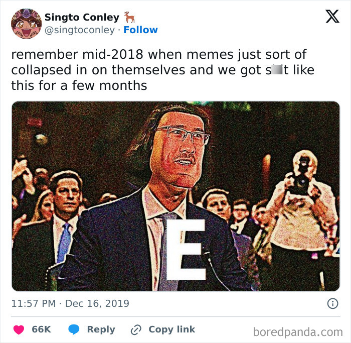 Meme showing distorted face with large E, referencing a collapse in meme quality, highlighting random Gen-Z memes humor.