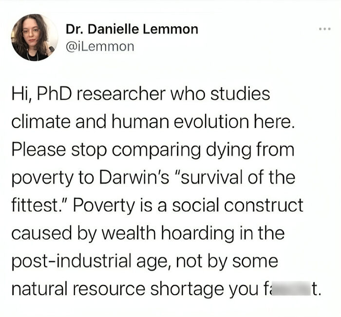 Screenshot of a meme discussing poverty as a social construct and critiquing Darwin's survival of the fittest concept.