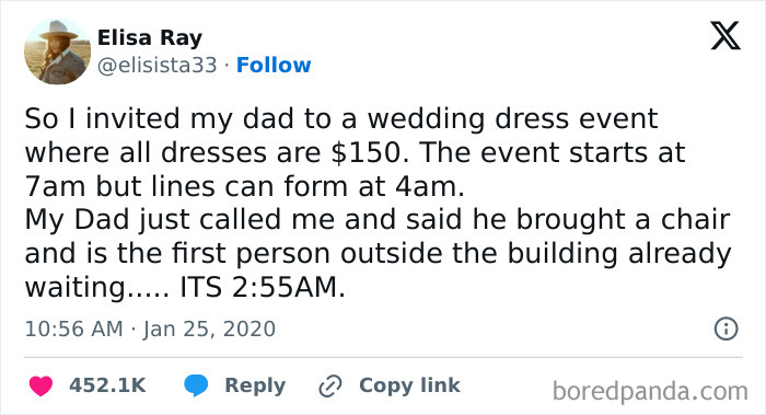 Tweet showing a father’s wholesome gesture waiting early for a wedding dress event, highlighting feel-good moments restoring faith in humanity.