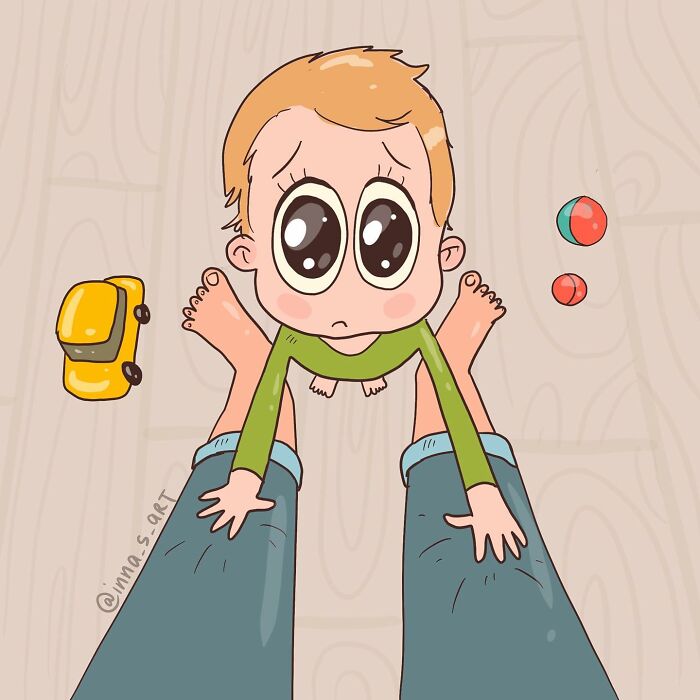 Illustration of a child clinging to a parent's legs, capturing the chaos of parenthood in viral mom comics style.