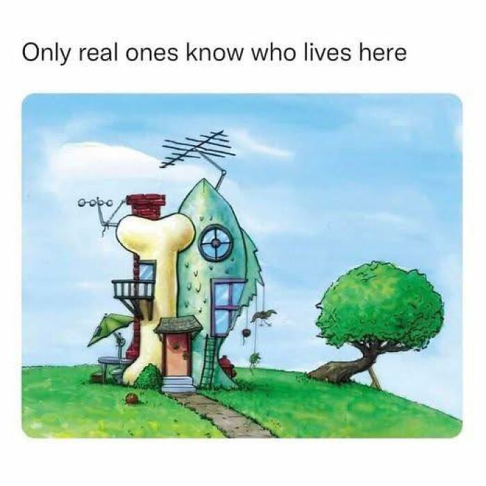 Cartoon house shaped like a dog bone with antennas, captioned for people who don’t fully relate to Millennials or Gen Z.