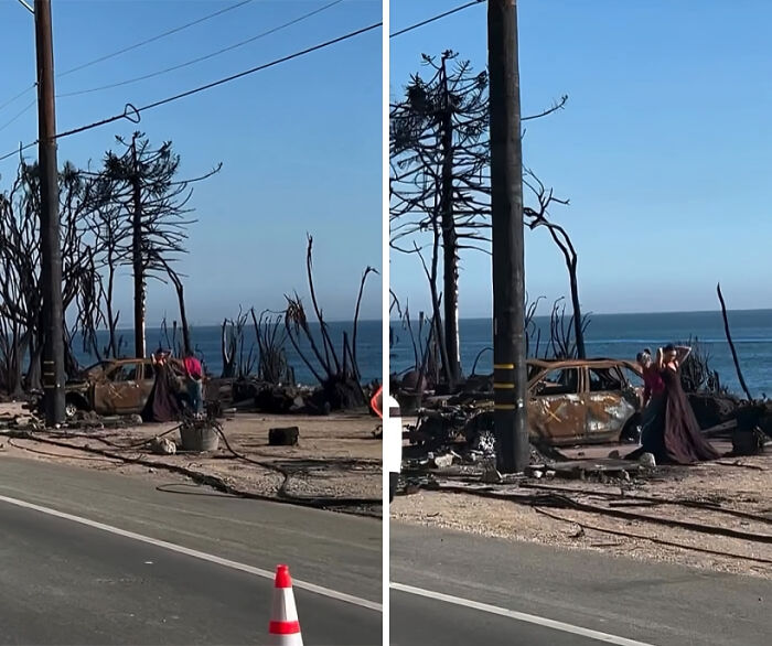 Burnt trees and a rusted, destroyed car by the sea with people near the wreckage, showing unhinged influencer stunt aftermath.