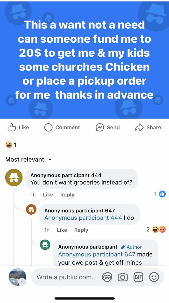 Screenshot of a social media post where an entitled single mom asks for $20 to buy food for her kids, sparking comments.