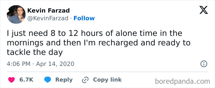 Introvert meme by Kevin Farzad about needing 8 to 12 hours of alone time to recharge and face the day.