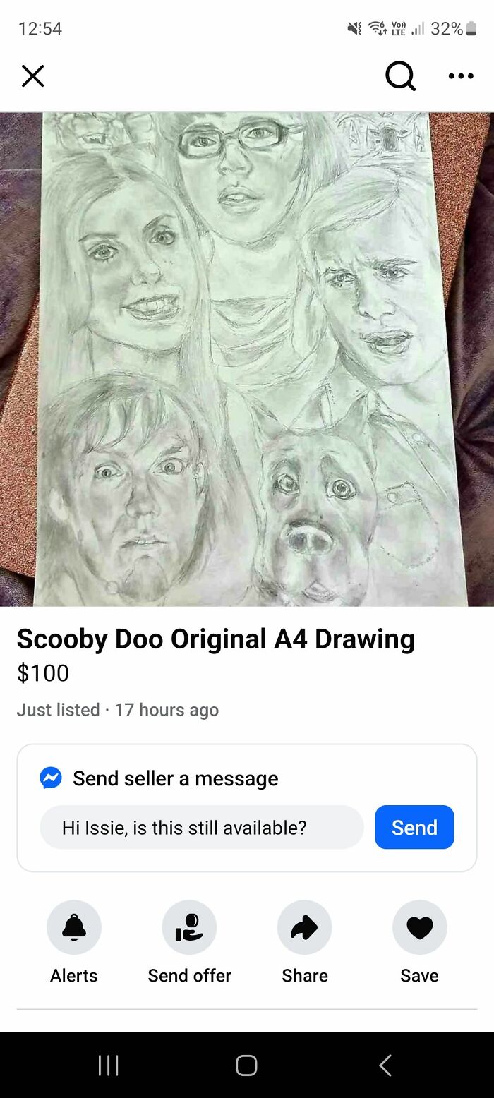 Pencil sketch of Scooby Doo characters with awkward facial expressions in a horrendous DIY craft shaming project style.