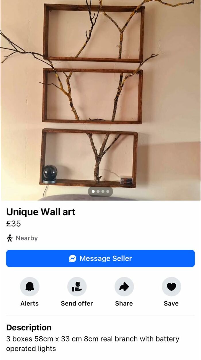 Wooden box wall art with real branches and battery-operated lights in a craft shaming DIY project display.