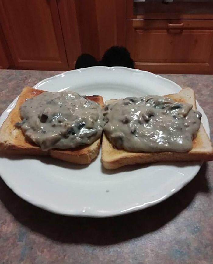 Two slices of toast topped with a grayish, unappetizing creamy sauce on a white plate in a kitchen setting.