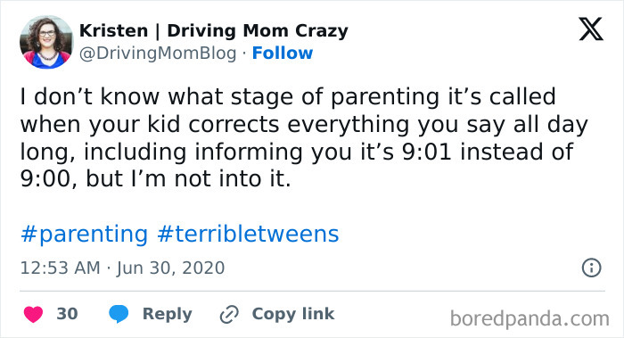 Funny mom post about parenting and dealing with tweens correcting everything, sharing a relatable sanity break moment.