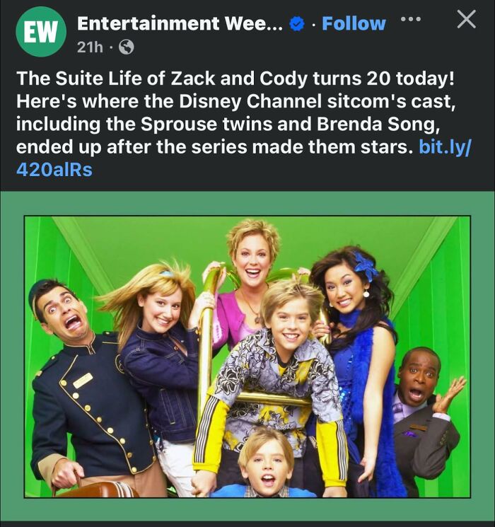 Cast of The Suite Life of Zack and Cody posing cheerfully against a bright green background, celebrating the show's 20th anniversary.