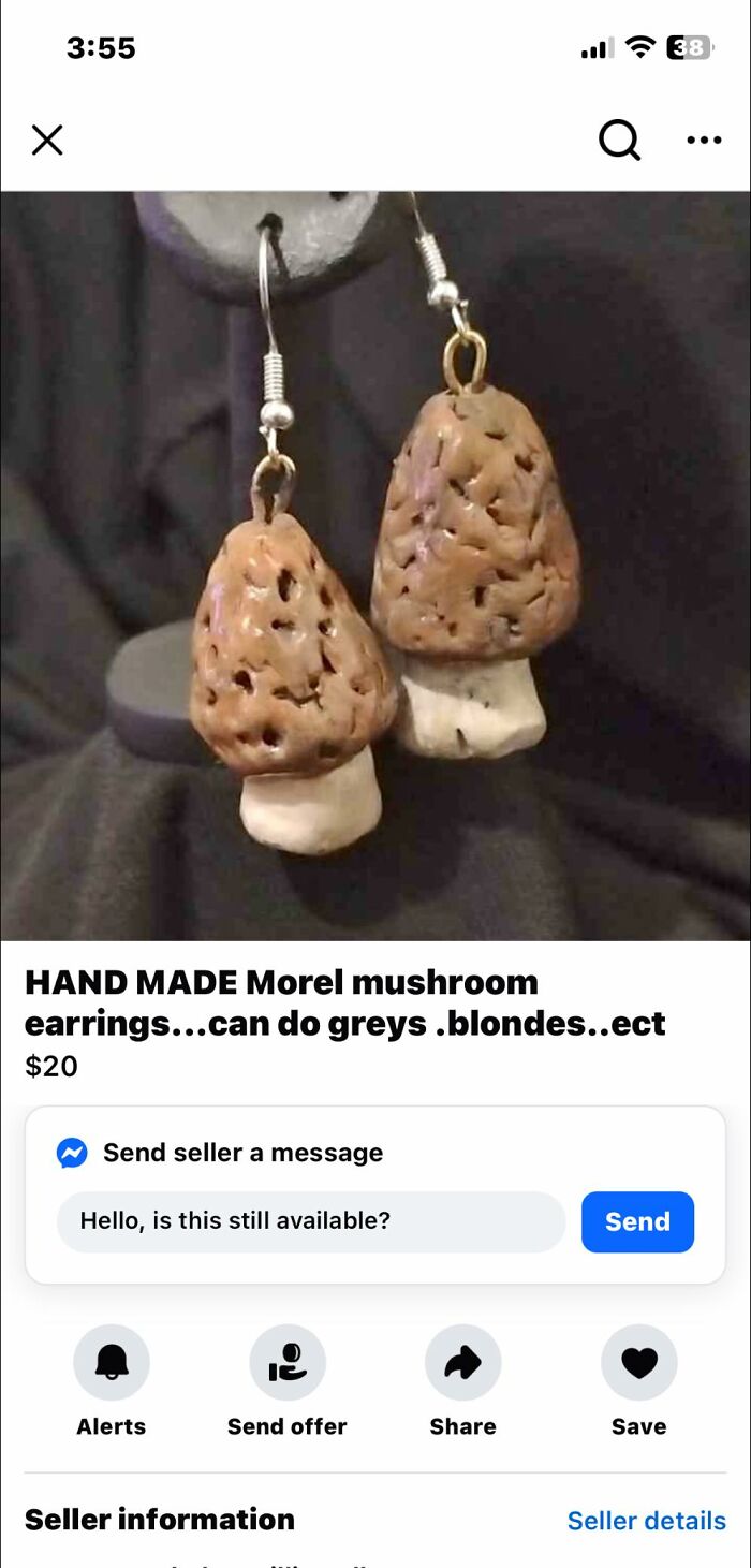 Handmade morel mushroom earrings displayed for sale, showcasing a unique but flawed DIY craft project design.