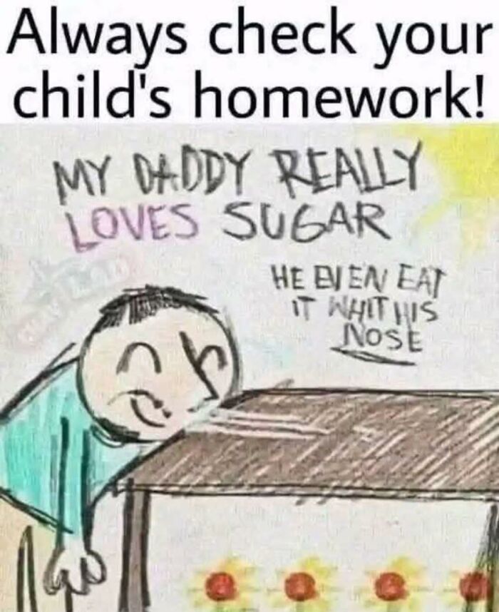 Child's homework funny drawing showing a man sniffing sugar on a table with a humorous caption about sugar love.