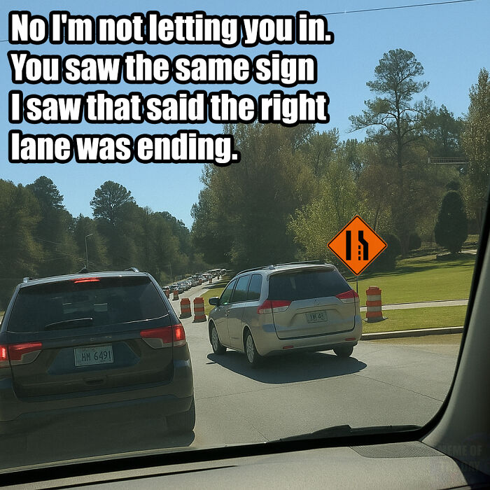 Cars merging in traffic due to lane ending sign, illustrating a self-deprecating meme that feels personally attacked.