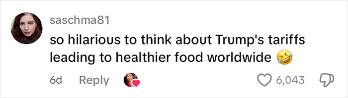 Comment about Trump's tariffs leading to healthier food worldwide, related to Chinese stores dropping US products.