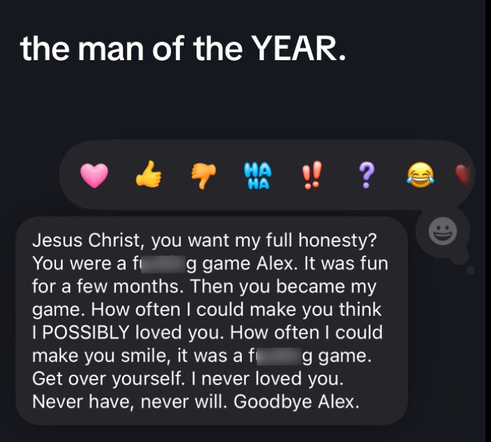 Screenshot of an intense message from a woman to Alex, highlighting unhinged moments in men of the year posts.