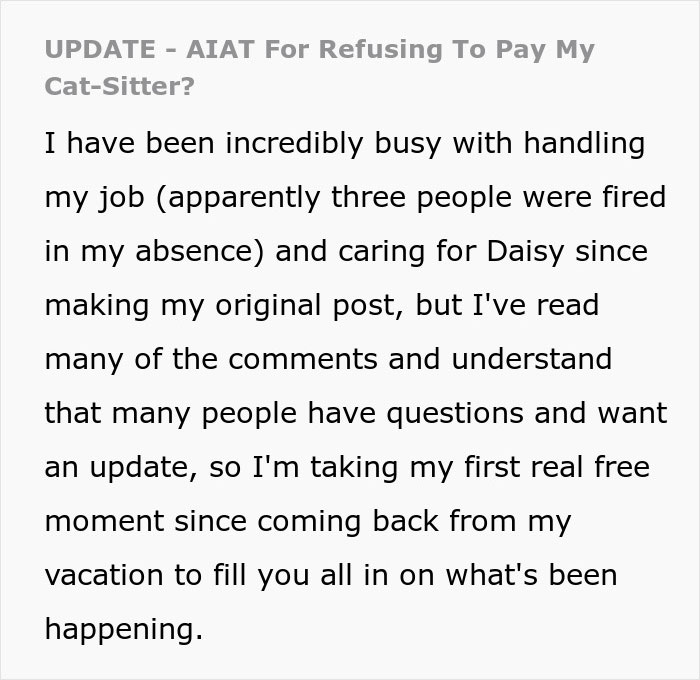 Text update about refusing to pay cat-sitter, explaining busy schedule and caring for pet after vacation.