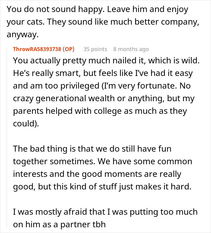 Online conversation screenshot showing a woman expressing loneliness as her fianc&eacute; restricts topics of conversation.