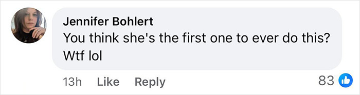 Comment by Jennifer Bohlert questioning if an Olympic star walking runway on her period is a first-time event, with reactions shown. Comment by Jennifer Bohlert questioning if an Olympic star walking runway on her period is a first-time event, with reactions shown.