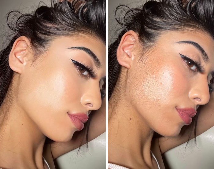 Side-by-side close-up of a woman showing differences with filters versus without filters on her face.