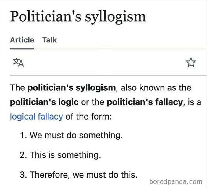 Screenshot of a Wikipedia snippet explaining the politician's syllogism as a logical fallacy in funny Wikipedia snippets.