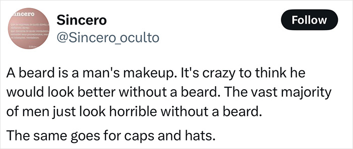 Tweet text discussing men's appearance with and without beards and hats, relating to the homeless man's makeover and barber controversy.