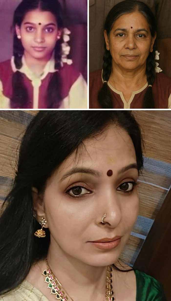 Comparison of childhood, AI-aged, and current photos of Indian women showing age progression and reality using ChatGPT predictions.