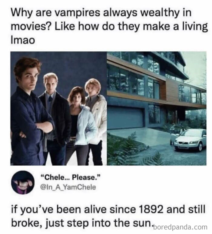 Funny meme about wealthy vampires and how being immortal helps with financial success, from a hard day collection.
