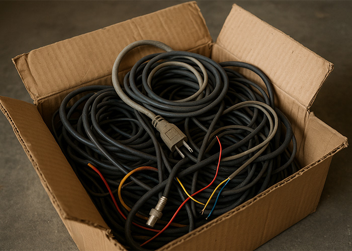 Box filled with tangled obsolete electrical cords and cables still used daily by some people.