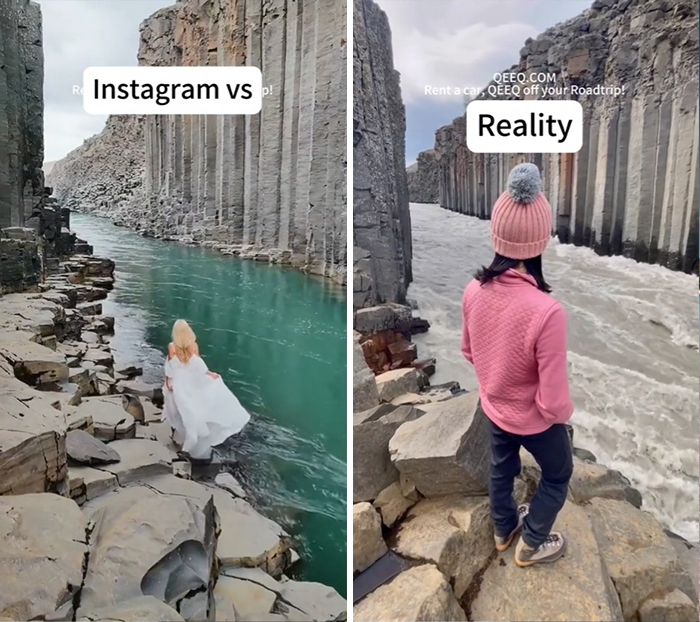 Instagram vs reality travel moment showing scenic rocky river with calm water versus rushing rapids and different outfits.