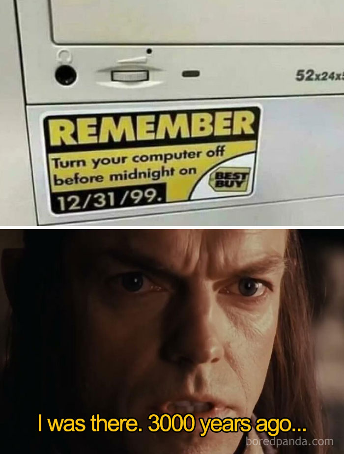 Sticker on old computer reminding to turn it off before midnight on 12/31/99, with a meme referencing explain the joke.