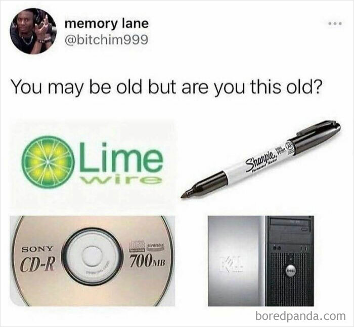 Images of LimeWire logo, Sharpie marker, Sony CD-R disc, and Dell desktop computer representing nostalgia for those not fully relating to Millennials or Gen Z.