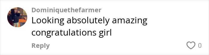 Comment praising a woman&rsquo;s weight loss journey and her amazing transformation after losing 88lbs.