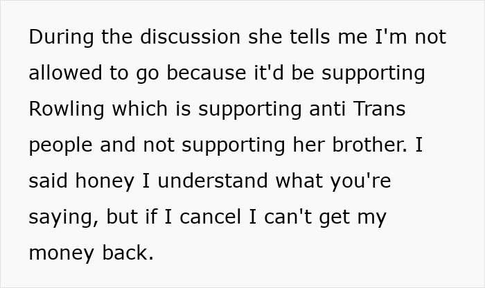 Text excerpt discussing being accused of supporting transphobia by visiting the Harry Potter Wizarding World.